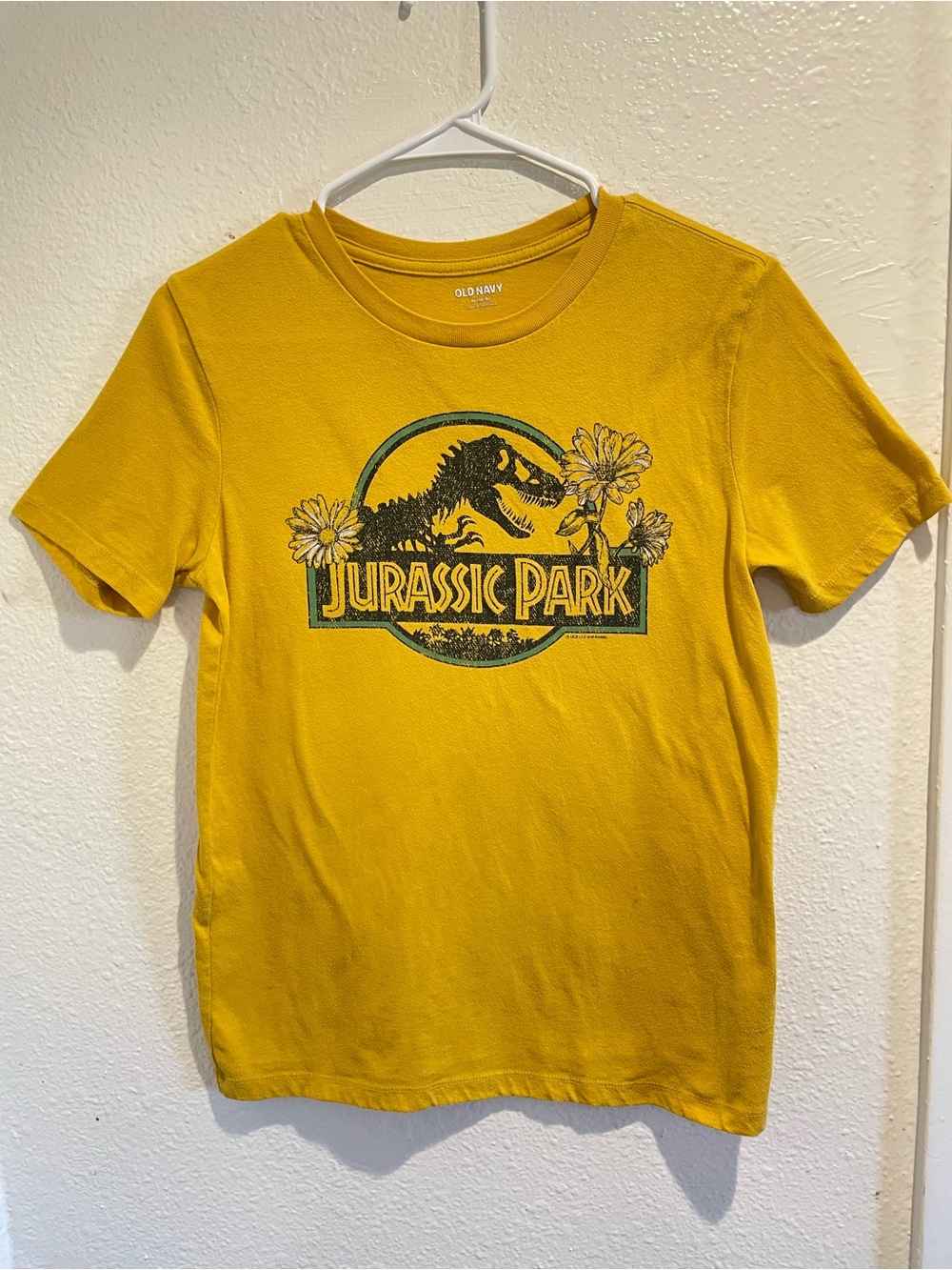 🦖🌼 Old Navy Jurassic Park Floral Graphic Tee Kids Youth XL 14-16 Mustard Yellow